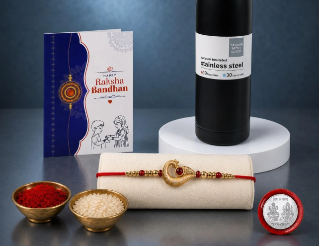 Premium Ganesha Rakhi Gift Combo with 550ml Vacuum Insulated Bottle | Raksha Bandhan Gift Set for Brother | Bignaam