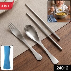 4-in-1 Portable Cutlery Set With Pouch Steel Spoon Fork And Chopsticks (1 Set)
