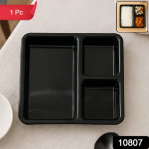 Plastic Multi-compartment Meal Serving Tray 3-section Rectangular Dining Plate (1 Pc Black)