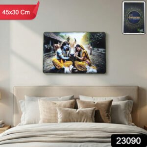 Peaceful Radha Krishna Village Scene Wall Art Frame (1 Pc 45x30 Cm)