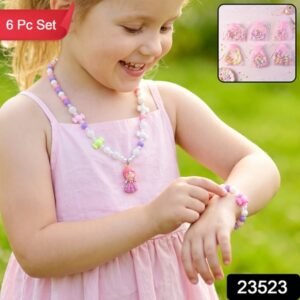 Kids Bead Necklace And Bracelet Jewellery Set With Gift Box For Dress-up (6 Pc)