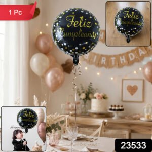 Black Round Feliz Cumpleanos Foil Balloon For Birthday Decor (1 Pc)