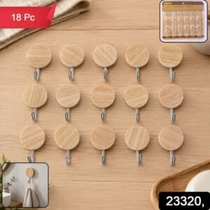 Self Adhesive Wall Hooks Strong Sticky Wooden Look Hanger No Drill (18 Pc)