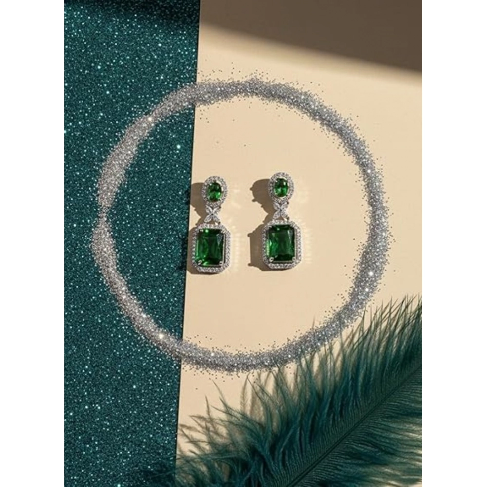 Generic Women's Brass Silver Plated Drop Earrings (Green) - Image 3
