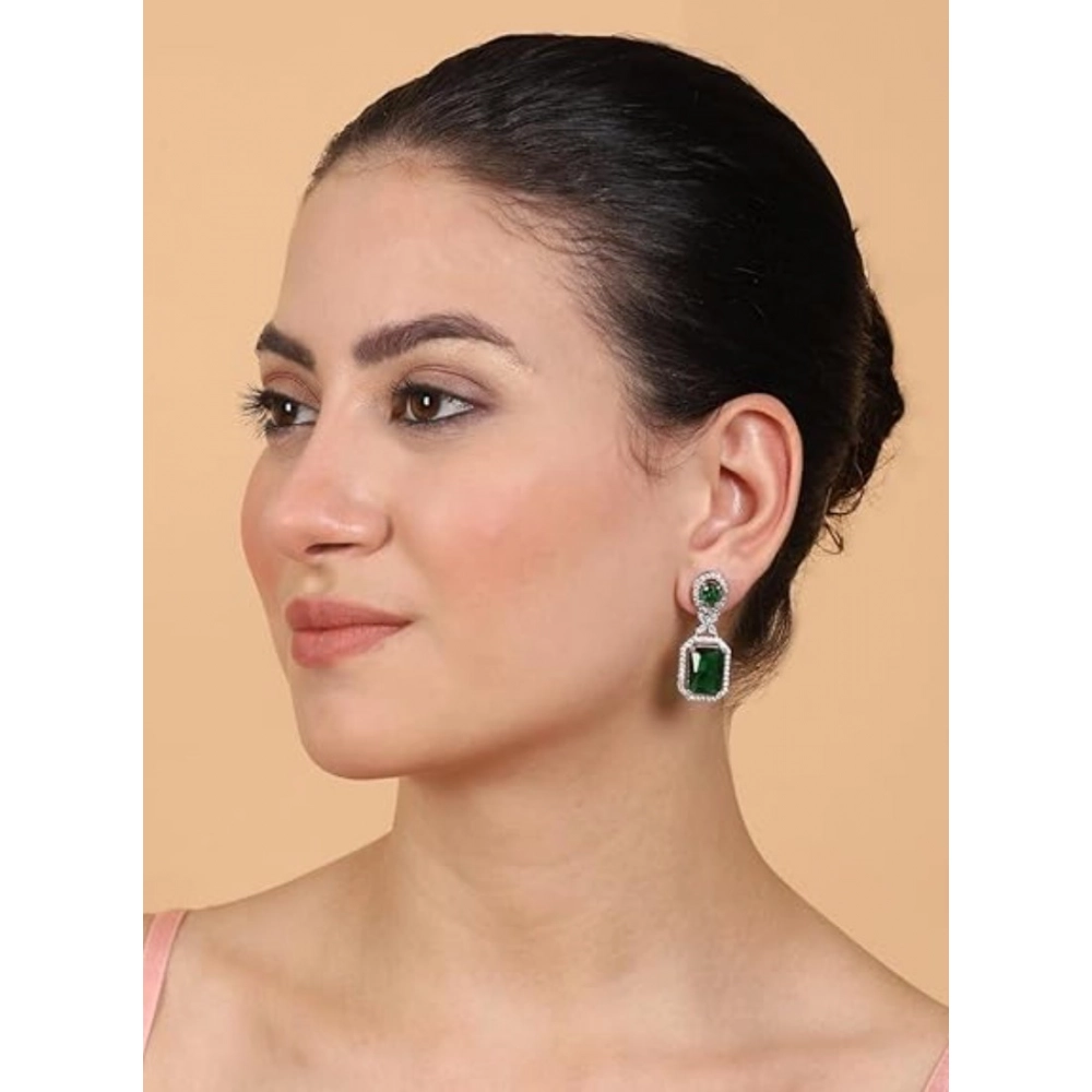 Generic Women's Brass Silver Plated Drop Earrings (Green) - Image 4