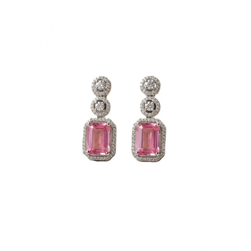 Generic Women's Brass Silver Plated Drop Earrings (Pink) - Image 2