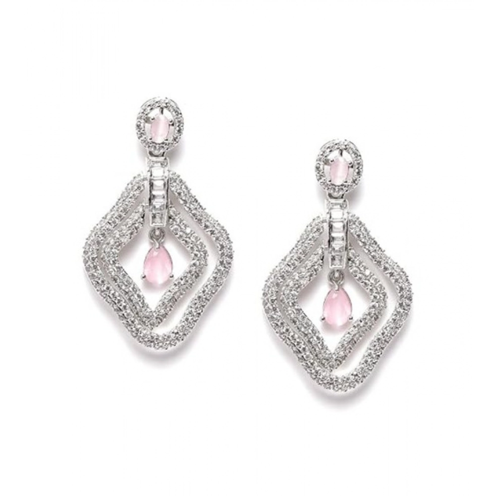 Generic Women's Brass Silver Plated Drop Earrings (Pink) - Image 2