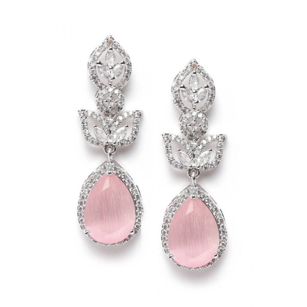 Generic Women's Brass Silver Plated Drop Earrings (Pink) - Image 2