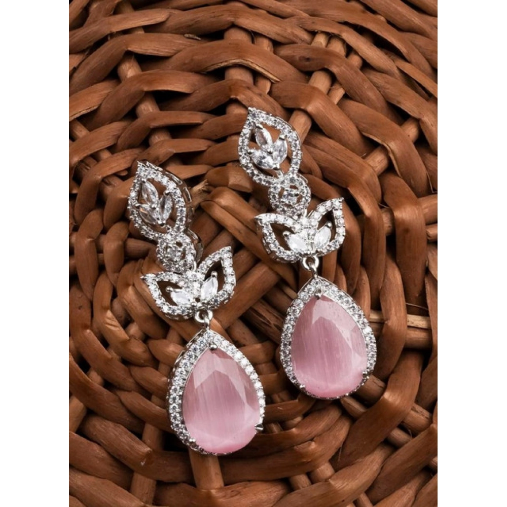Generic Women's Brass Silver Plated Drop Earrings (Pink) - Image 3