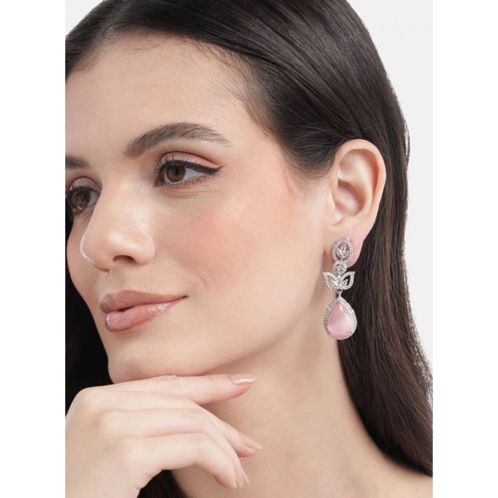 Generic Women's Brass Silver Plated Drop Earrings (Pink) - Image 4