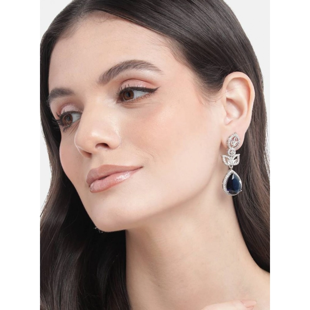 Generic Women's Brass Silver Plated Drop Earrings (Blue) - Image 4