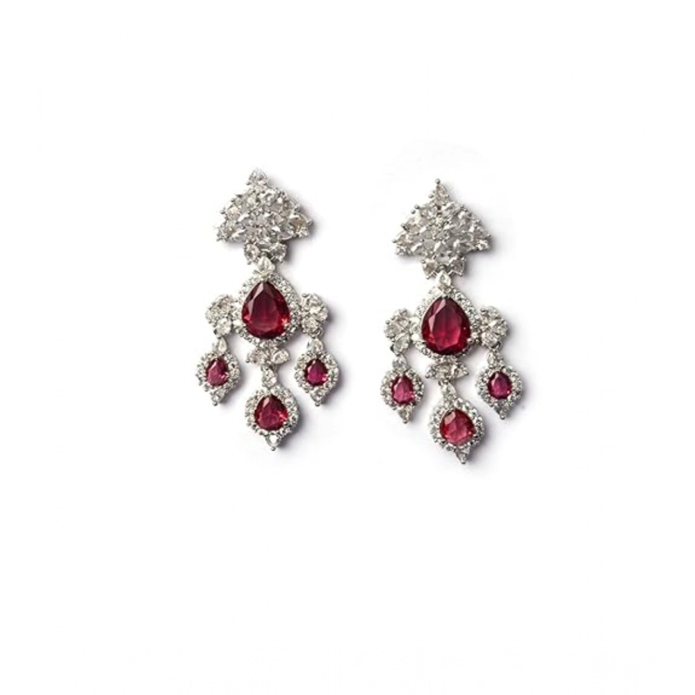 Generic Women's Brass Silver Plated Drop Earrings (Red) - Image 2