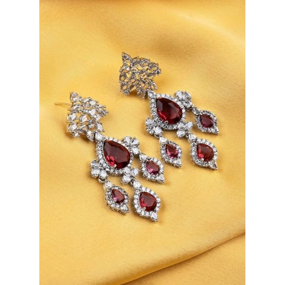Generic Women's Brass Silver Plated Drop Earrings (Red) - Image 3