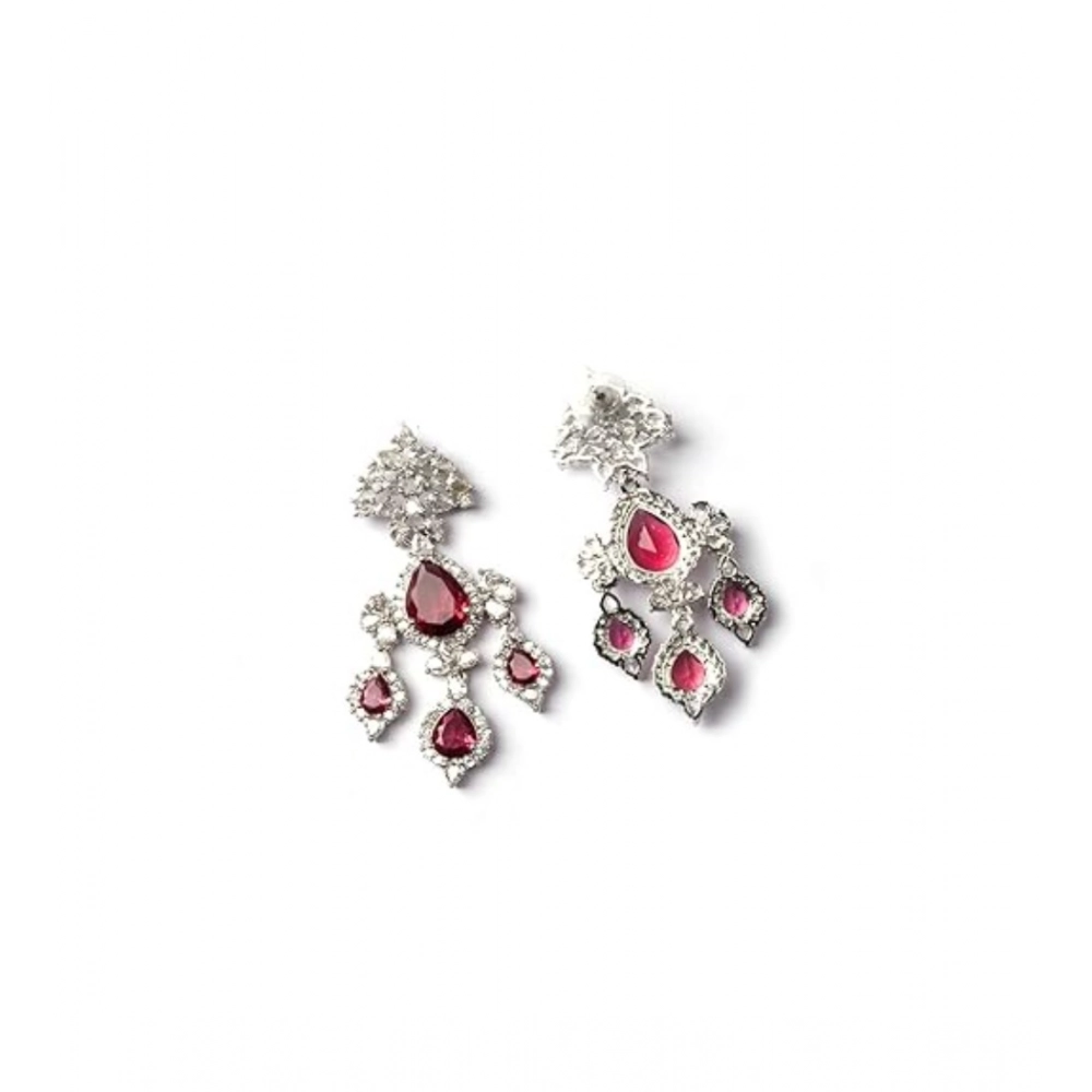 Generic Women's Brass Silver Plated Drop Earrings (Red) - Image 4