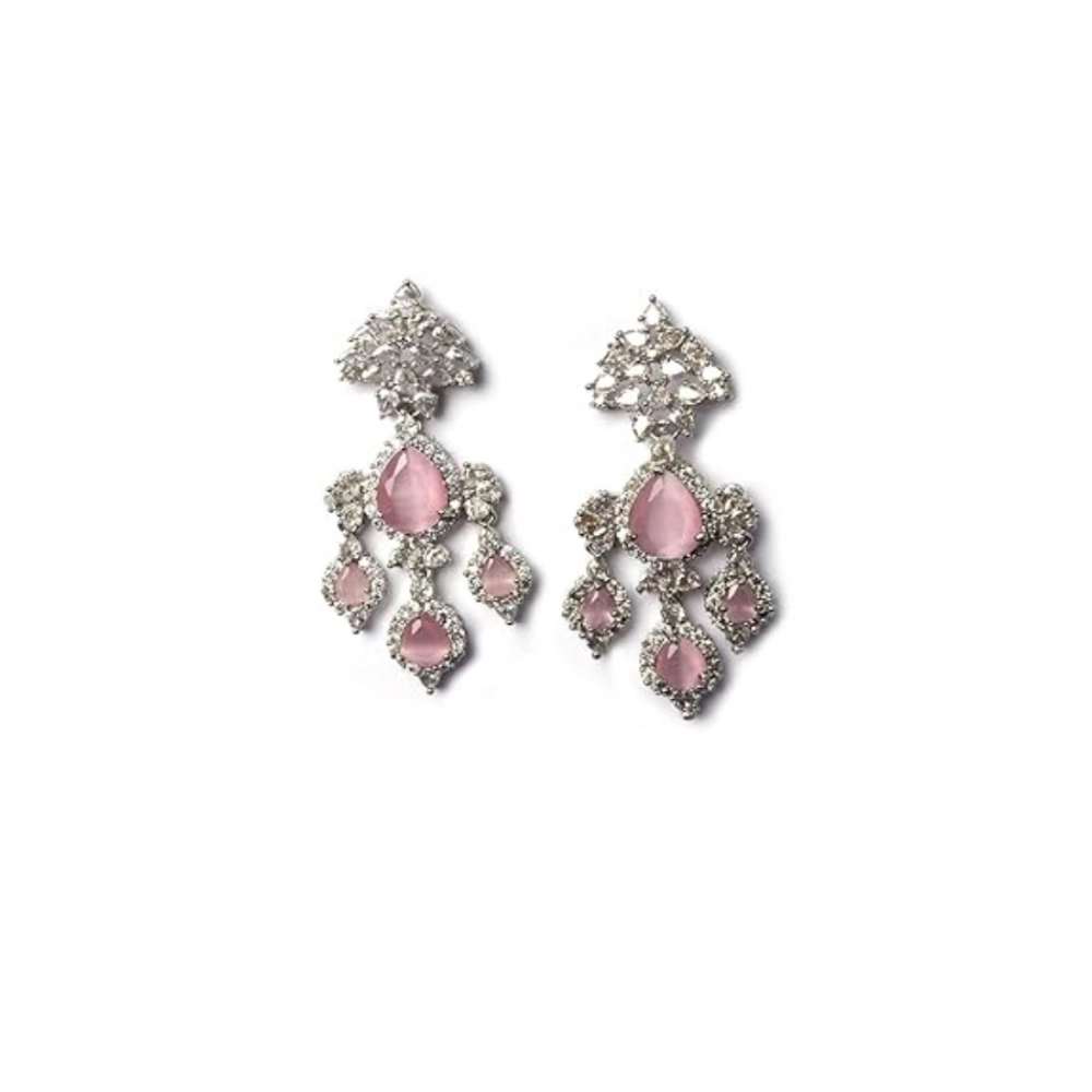 Generic Women's Brass Silver Plated Drop Earrings (Pink) - Image 2