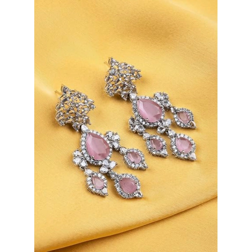 Generic Women's Brass Silver Plated Drop Earrings (Pink) - Image 3