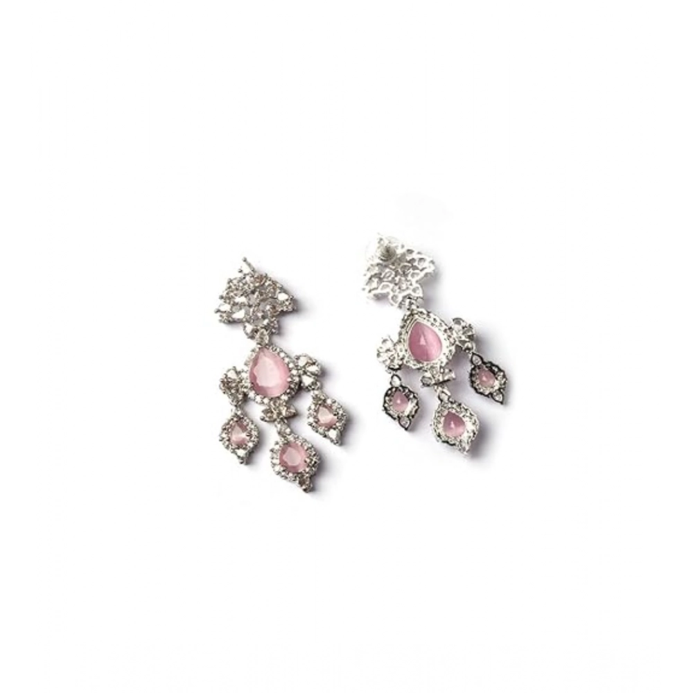 Generic Women's Brass Silver Plated Drop Earrings (Pink) - Image 5