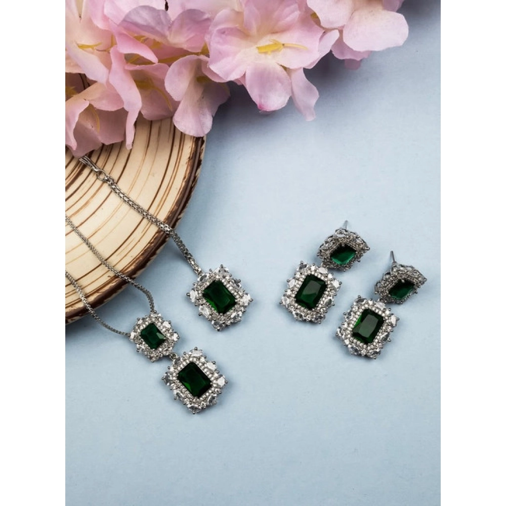 Generic Women's Brass Silver Plated Pendant Set (Green) - Image 3