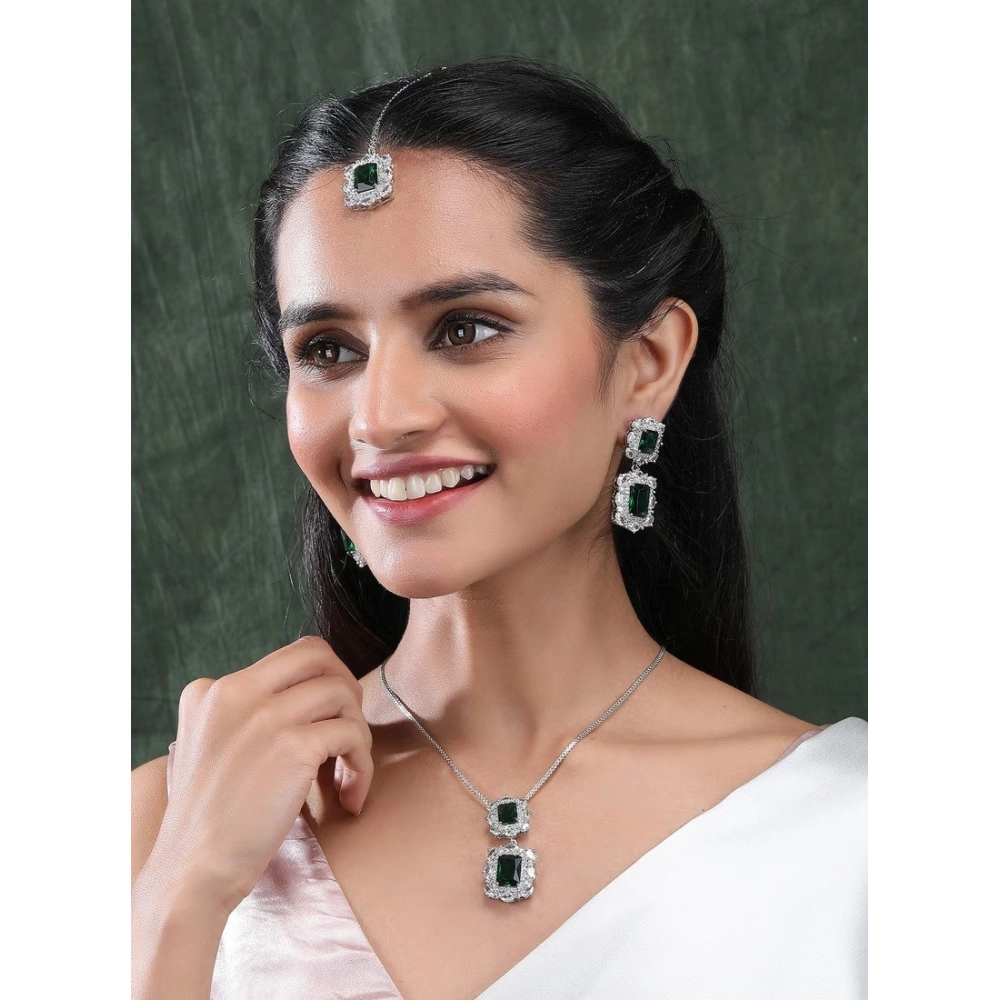 Generic Women's Brass Silver Plated Pendant Set (Green) - Image 4