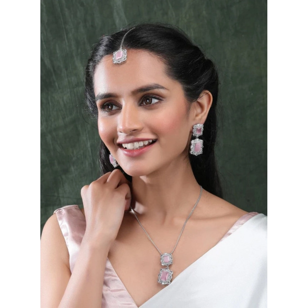 Generic Women's Brass Silver Plated Pendant Set (Pink) - Image 3