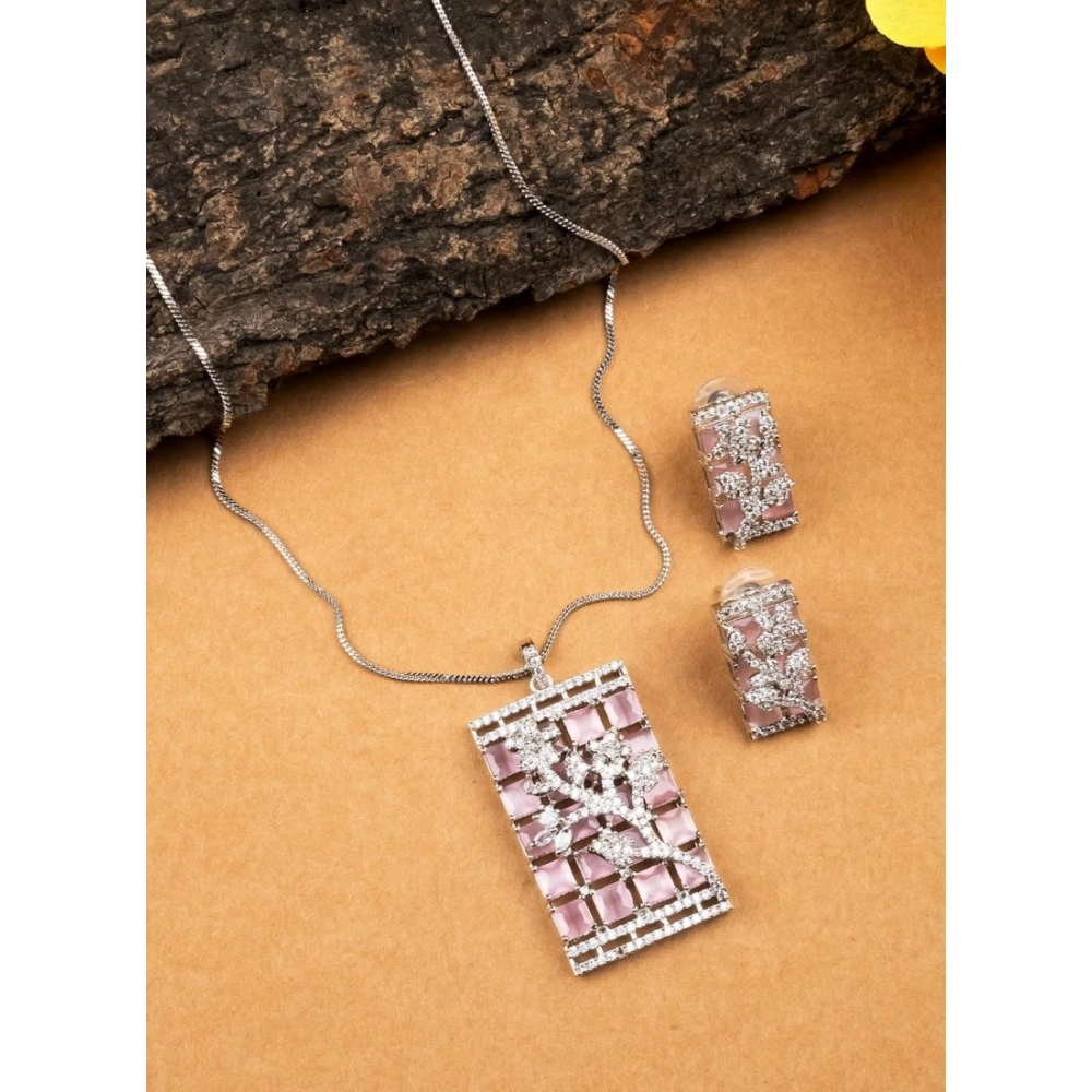 Generic Women's Brass Silver Plated Pendant Set (Pink) - Image 3
