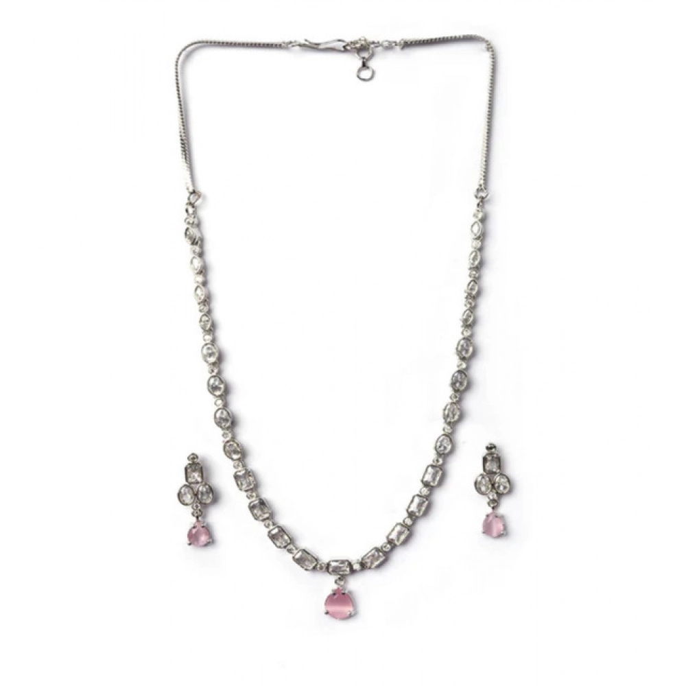 Generic Women's Brass Silver Plated Necklace set (Pink) - Image 2