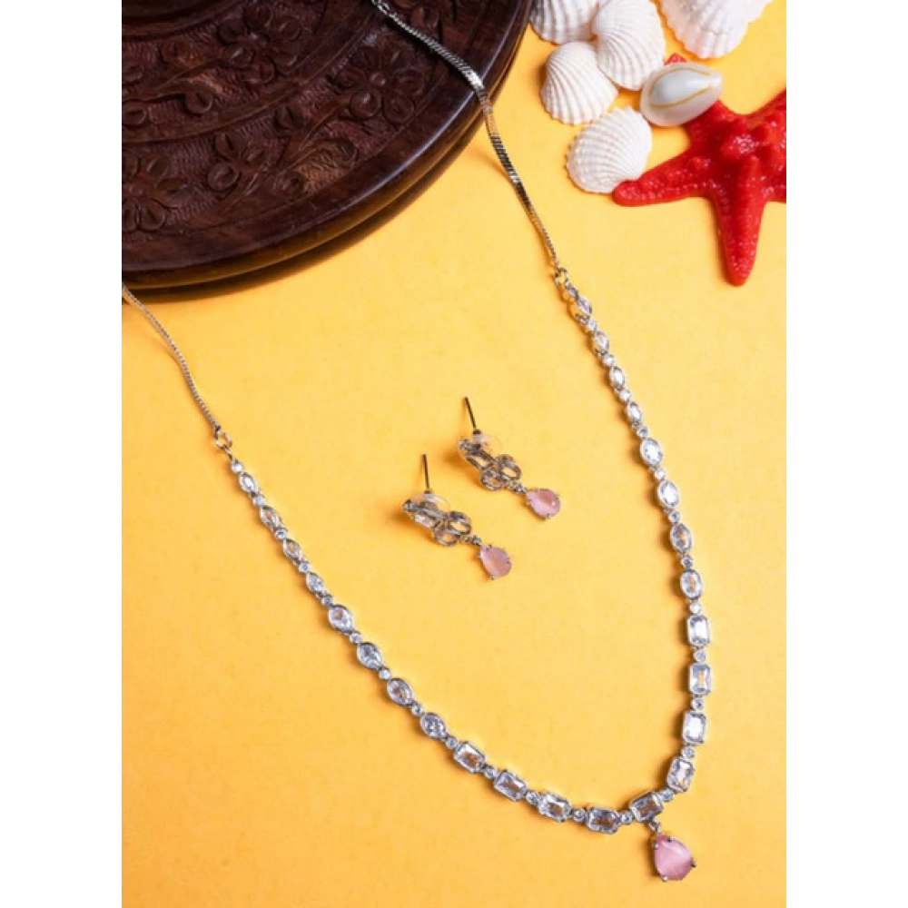 Generic Women's Brass Silver Plated Necklace set (Pink) - Image 5