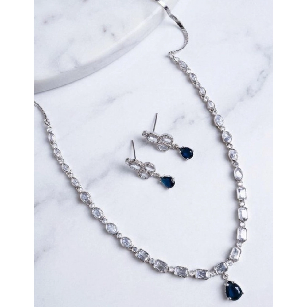Generic Women's Brass Silver Plated Necklace set (Blue)