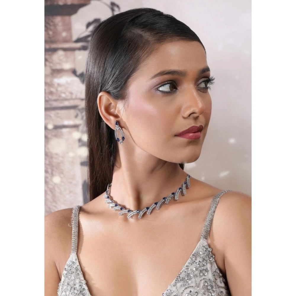Generic Women's Brass Silver Plated Necklace set (Blue) - Image 5
