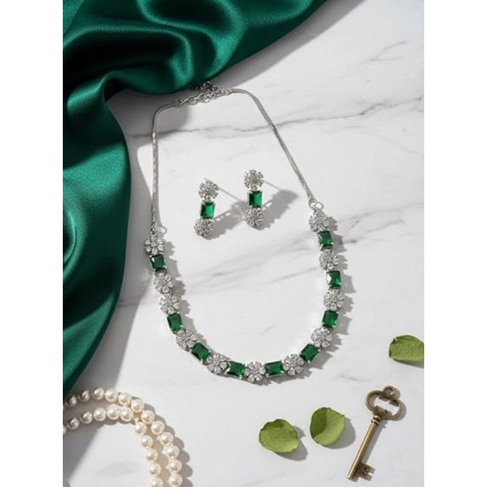 Generic Women's Brass Silver Plated Necklace set (Green) - Image 3