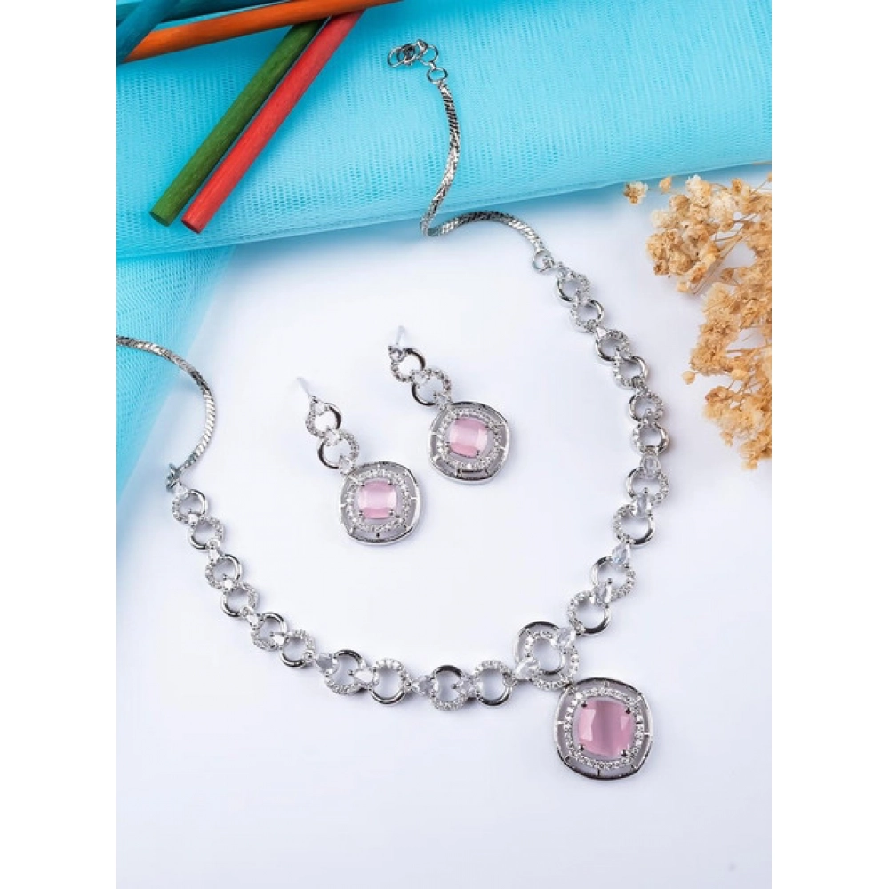 Generic Women's Brass Silver Plated Necklace set (Pink) - Image 3
