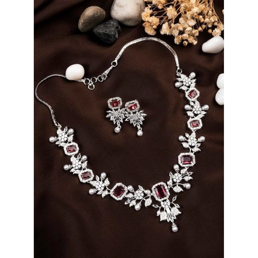Generic Women's Brass Silver Plated Necklace set (Red) - Image 3