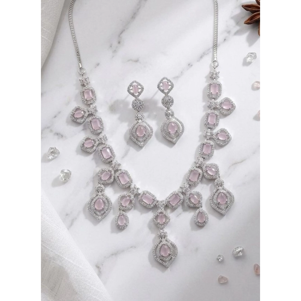 Generic Women's Brass Silver Plated Necklace set (Pink)