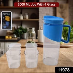 Transparent Stylish Premium Jug With Elegant Handle (2000 Ml Jug Approx 4 Pcs Plastic Glass)