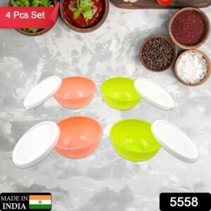 5558 Multipurpose Small Round Plastic Bowl Katori With Lid Microwave Safe Reusable Lightweight Bowl Dishwasher Safe Chutney Bowl (4 Pcs Set)