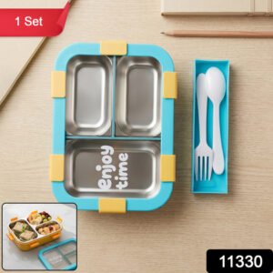 Airtight 3 Compartment Stainless Steel Lunch Box With Spoon Fork 600ml
