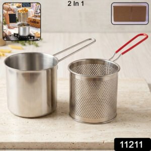 Stainless Steel Deep Frying Pot With Strainer Basket Set For Kitchen (1 Set)