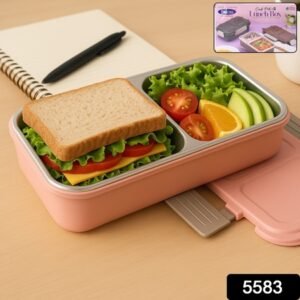 5583 Miracle Quick Lock Leak Proof 2 Compartment Stainless Steel Lunch Box Inner Plate Reusable Microwave Freezer Safe Lunch Box Trendy Thermal Insulation Leak Proof For Office Vacuum Tiffin Box For Boys Girls School Office Women And Men