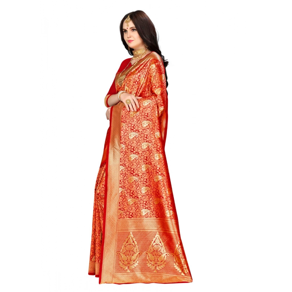 Women's Banarasi silk Saree with Blouse (Red, 5-6mtr) - Image 2