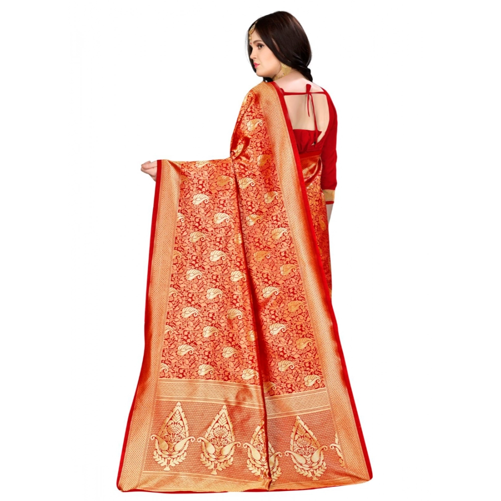 Women's Banarasi silk Saree with Blouse (Red, 5-6mtr) - Image 3