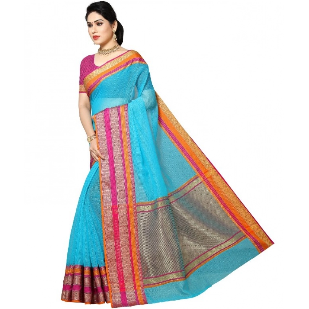 Women's Kota Doria Cotton Border Saree With Blouse (Sky Blue, 5-6 Mtrs) - Image 4