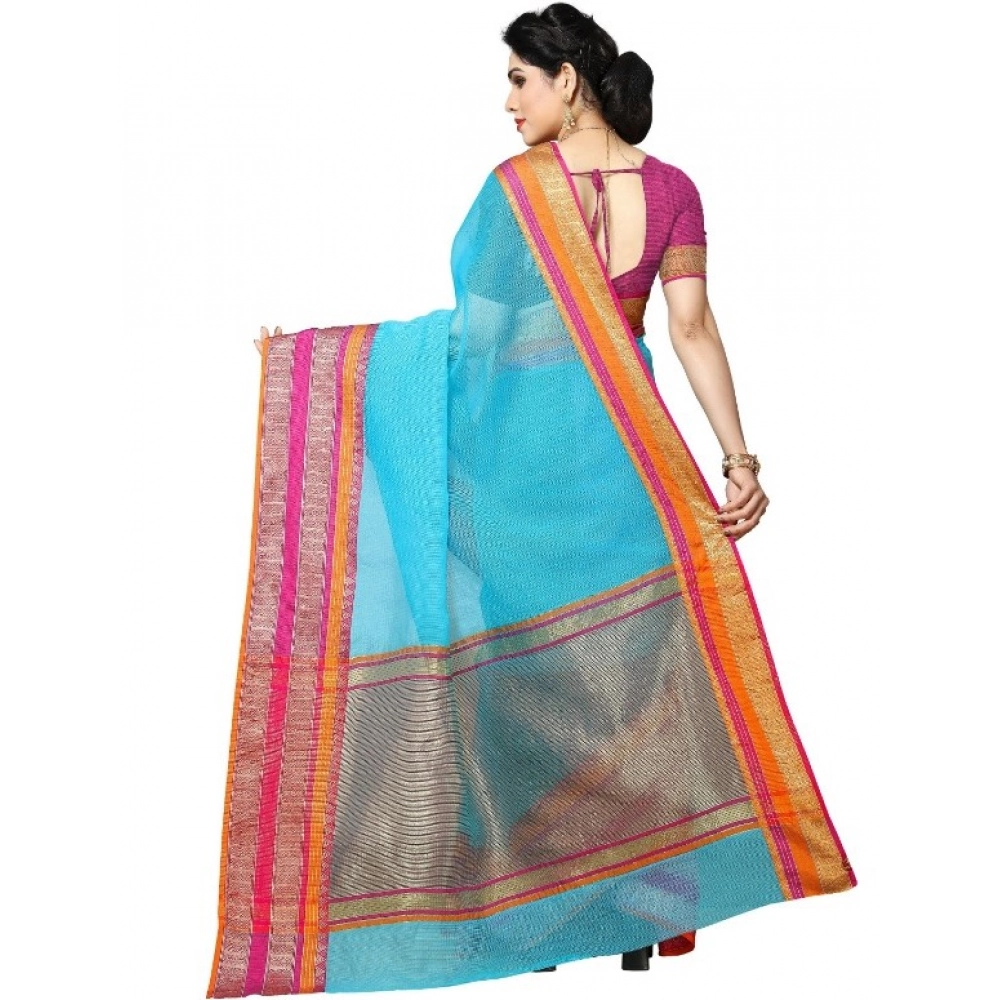 Women's Kota Doria Cotton Border Saree With Blouse (Sky Blue, 5-6 Mtrs) - Image 2