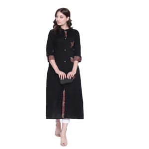 Women's Khadi Printed A Line Kurti (Black, Khadi)
