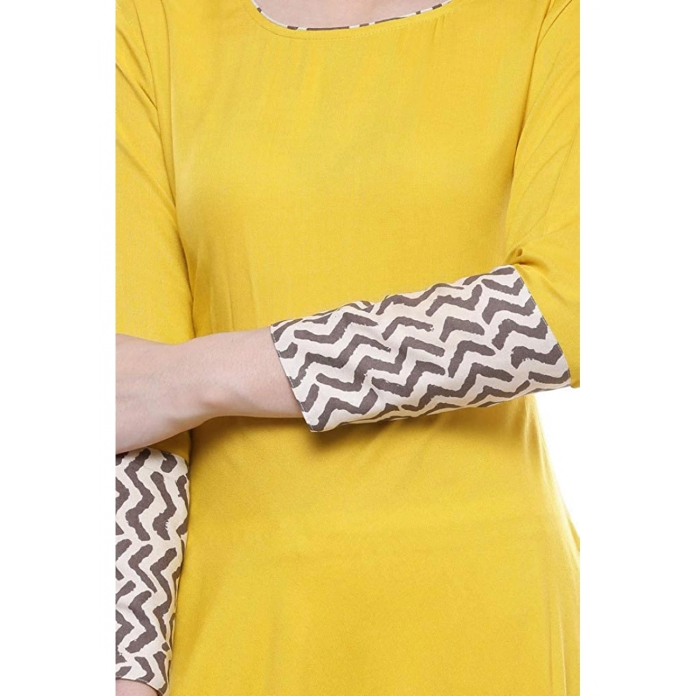 Women's Rayon Printed Solid Anarkali Kurti (Yellow, Rayon) - Image 5