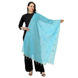 Women's Cotton Embroidered Dupatta (Aqua Blue, Length: 2.25 to 2.50 Mtr)