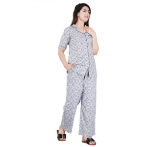 Women's Casual Half Sleeve Printed Viscose Rayon Shirt With Pyjama Pant Night Suit Set (Grey)