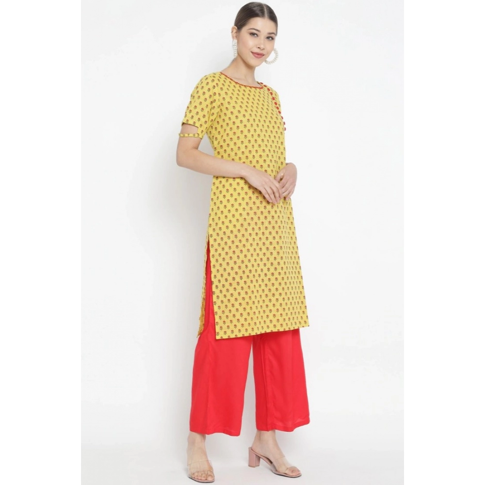 Women's Casual Short Sleeves Floral Printed Cotton & Rayon Kurti Palazzo Set (Yellow & Red) - Image 2