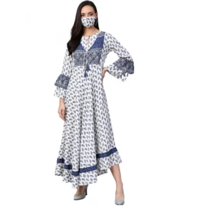Women's Casual Bell Sleeve Floral Printed Rayon Dress (White & Blue)
