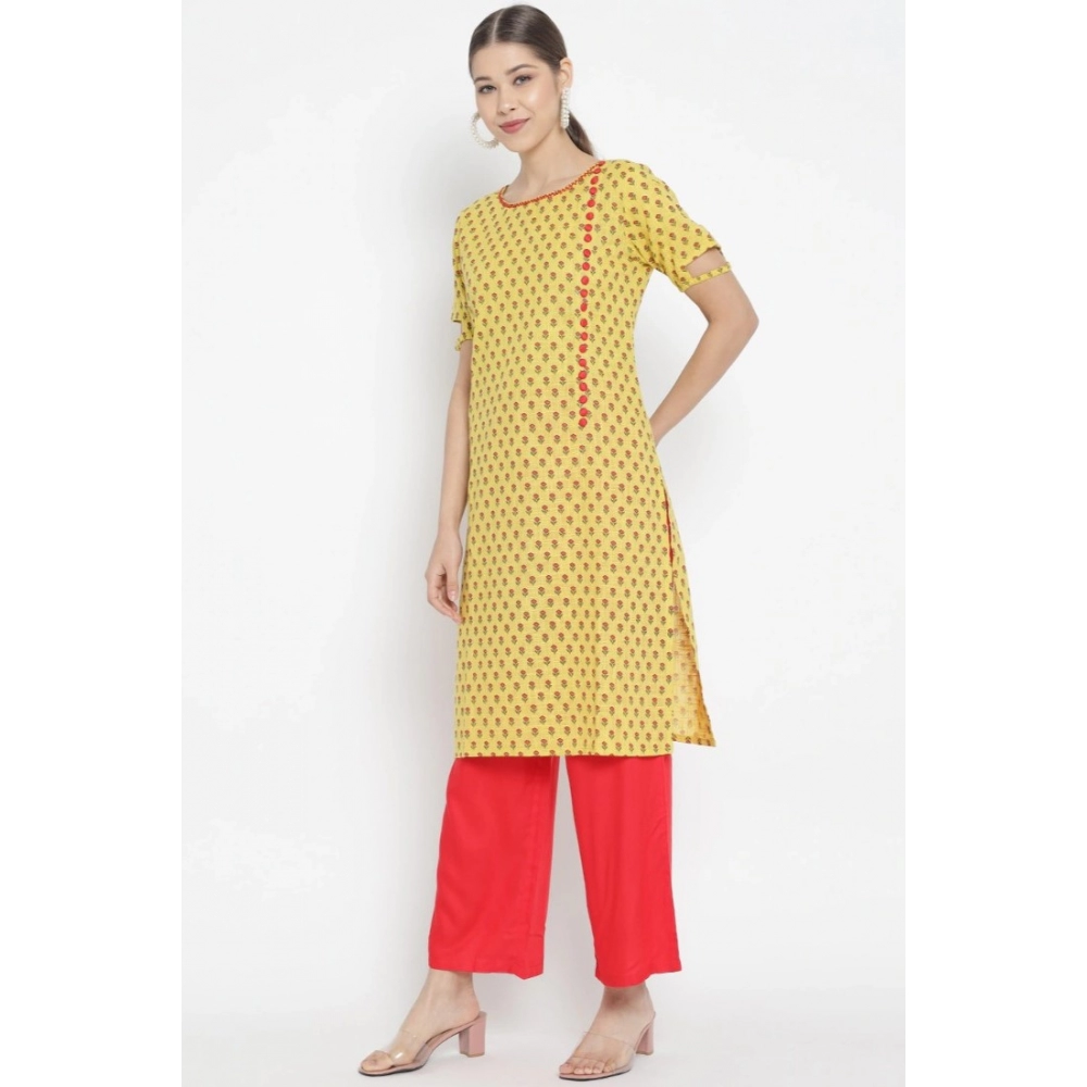 Women's Casual Short Sleeves Floral Printed Cotton & Rayon Kurti Palazzo Set (Yellow & Red) - Image 4