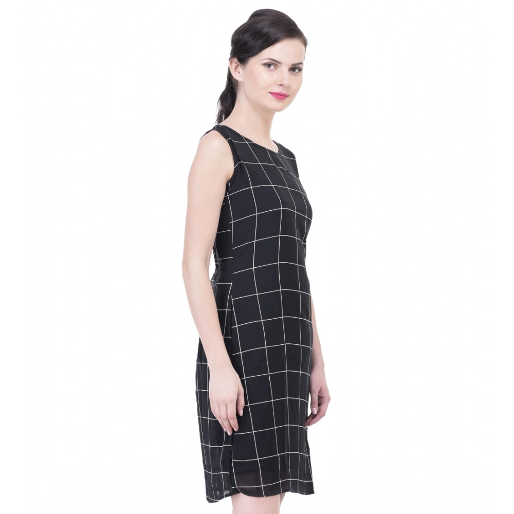 Women's Cotton Blend Checked Sleeveless Sheath Dress (Black) - Image 4